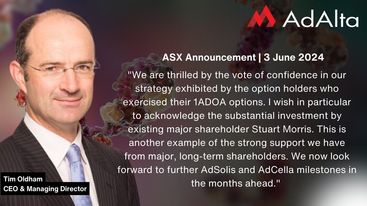 AdAlta1AD's tweet image. AdAlta raises $1.9m of new equity from the exercise of its listed 1ADOA options. The funds will help AdAlta advance strategic partnerships &amp;amp; deliver enhanced financing flexibility | Read ASX announcement: cdn-api.markitdigital.com/apiman-gateway… #1AD