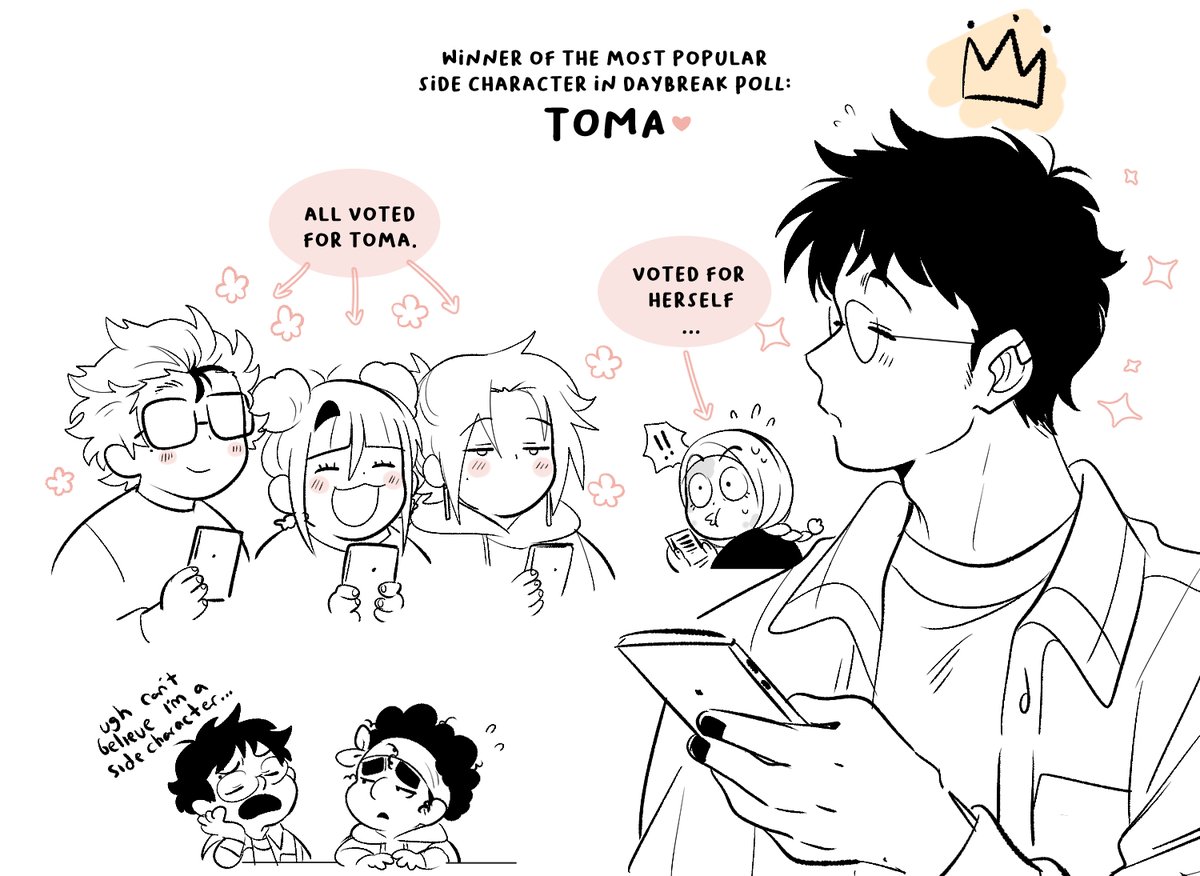 Hello readers! I hope everyone is having a great pride month. If you've been staying updated through the UNREHEARSED YouTube Community Tab or Discord, you will have noticed that we conducted a popularity poll for the Webtoon Daybreak! 👀

The Results!
🥇Toma
🥈Heidi
🥉Percy