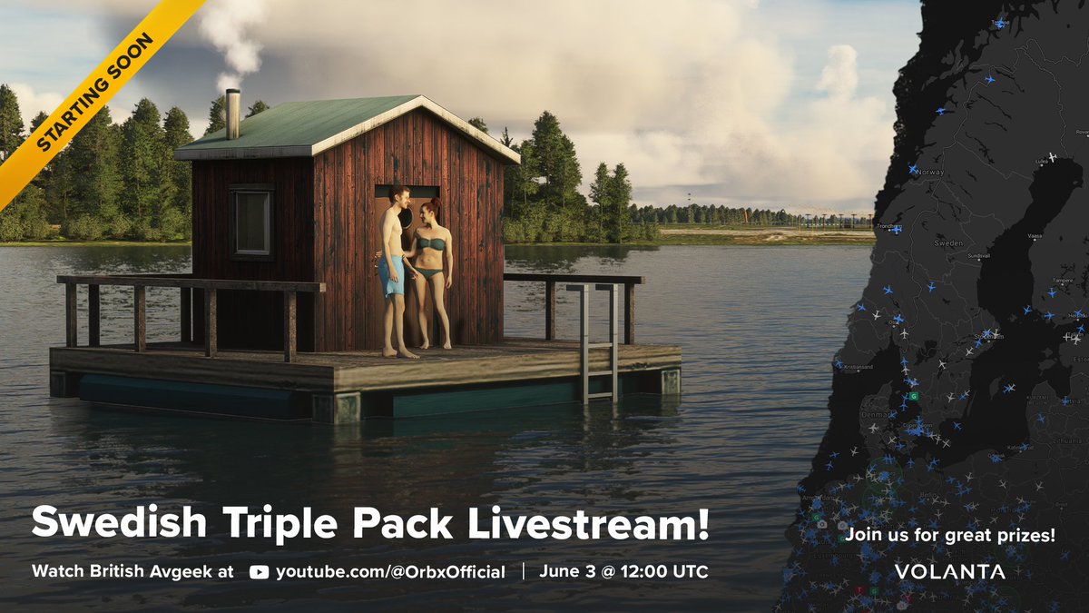 Join us LIVE today at 10:00 pm AEST / 12:00 UTC on the Orbx Youtube channel as <a href="/BritishAvgeek/">BritishAvgeek</a>  takes to the skies in the Swedish Triple Pack. Fly over Sweden's breathtaking landscapes, exploring three meticulously crafted airports.

👉 Tune in here: youtube.com/watch?v=EZ0auF…

Check