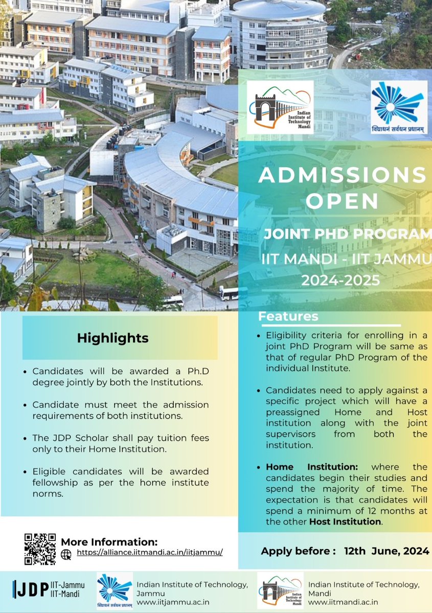 <a href="/iit__mandi/">IIT Mandi</a> and <a href="/IITJammu/">IIT Jammu</a> invite applications for Phd admissions under the Joint Degree Program. Apply now..  alliance.iitmandi.ac.in/iitjammu/