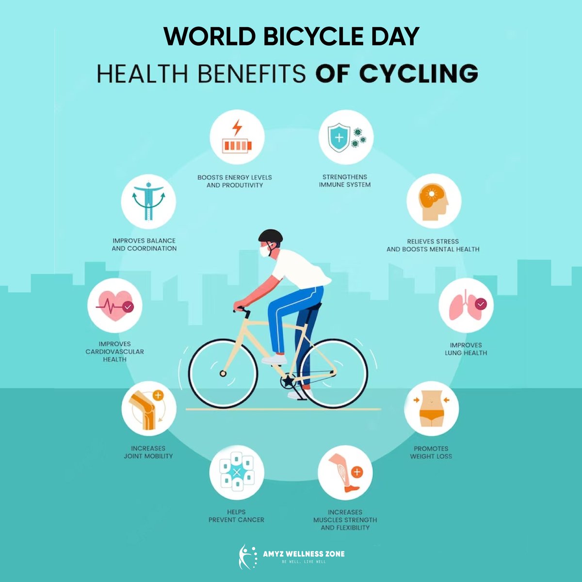 WellnessLiving_'s tweet photo. Cycling: a fun way to stay fit and stress-free. 🌟 
World Bicycle Day 🚲 

#WorldBicycleDay #HealthFirst #BicycleDay #AmyzWellnessZone #HealthyHabits #Healthylifestyle https://t.co/X5Zkkmn7xt