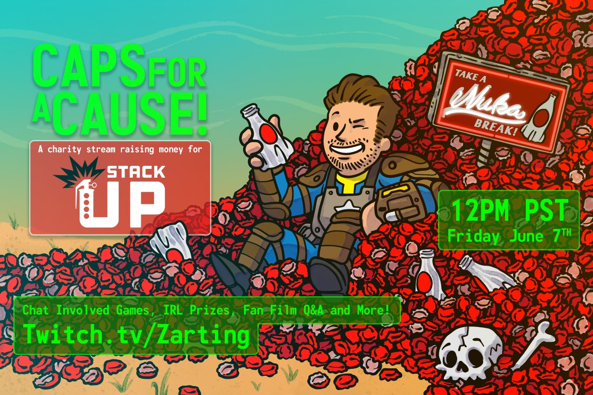 Announcing the first #CapsForACause charity stream!

Join me this Friday, June 7th at 12PM PST to raise money for <a href="/StackUpDotOrg/">Stack Up</a>! 

Chat involved games, IRL prizes, a Fan Film Q&amp;A and more!! Let me know if you plan to join in! 

Twitch.tv/Zarting! Please RT thx😎👍
