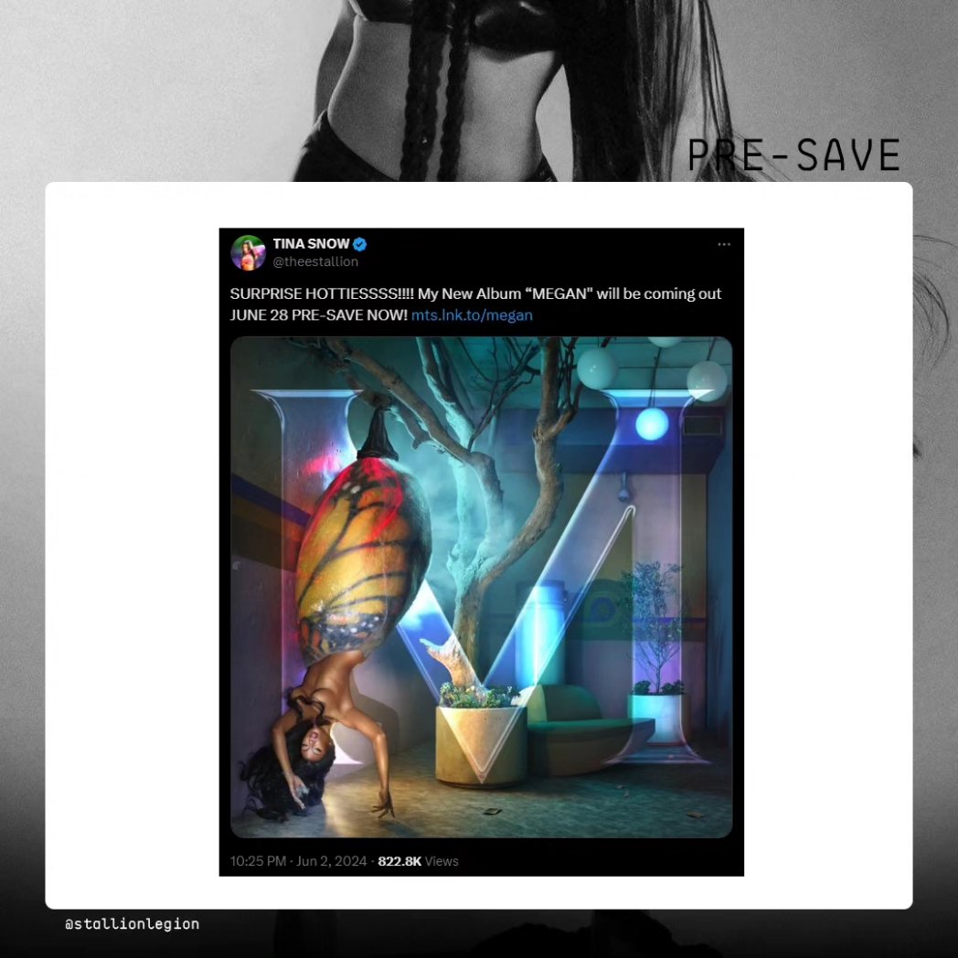 StallionLegion's tweet photo. 🐍‼️Megan Thee Stallion has announced her upcoming self-titled album "MEGAN" set to be released on June 28th. Pre-save at https://t.co/jnfwe7mQMa
#hotgirlsummertour
#soldoutstalli https://t.co/BdXZljAwod