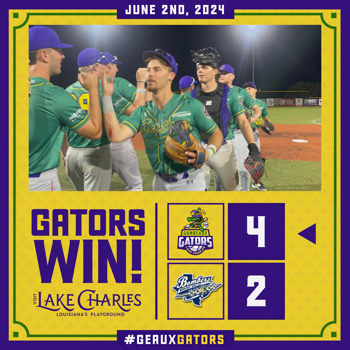 Goodnight, sweep dreams! 😴🧹

The Gators take both games in Bryan-College Station this weekend to wrap up the road trip. 

Our Home Opener is this Tuesday June 4th and it’s FREE! See you there. 🔥🐊⚾️

#geauxgators #gumbeauxgators