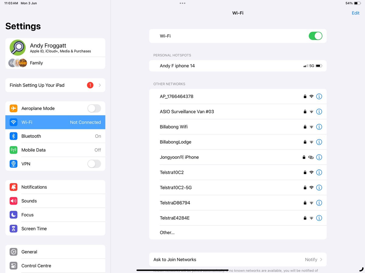 AndyFroggatt's tweet photo. @ASIOGovAu Fully appreciate may be someone with a good sense of humour when it comes to their wi-fi network but when outside my local coffee shop looking for wi-fi up came ‘ASIO Surveillance Van #3’ . As I say—likely an amusing naming but having been in govt I’ve known dafter!! https://t.co/6C857md3i4