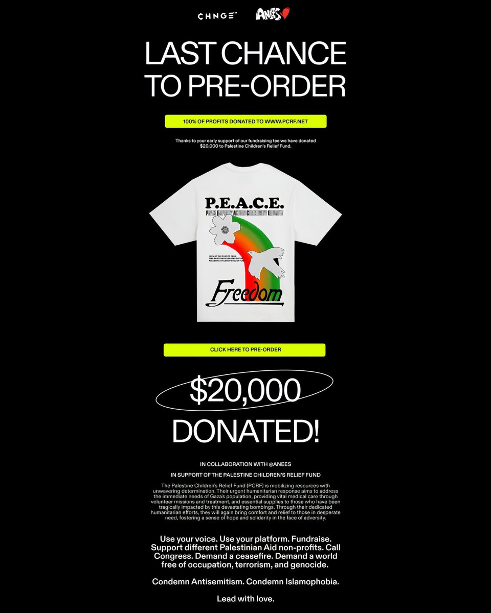 ZAYN wearing a ‘P.E.A.C.E’ t-shirt by a pro-Palestine brand where all proceeds go to the Palestine Children’s Relief Fund.