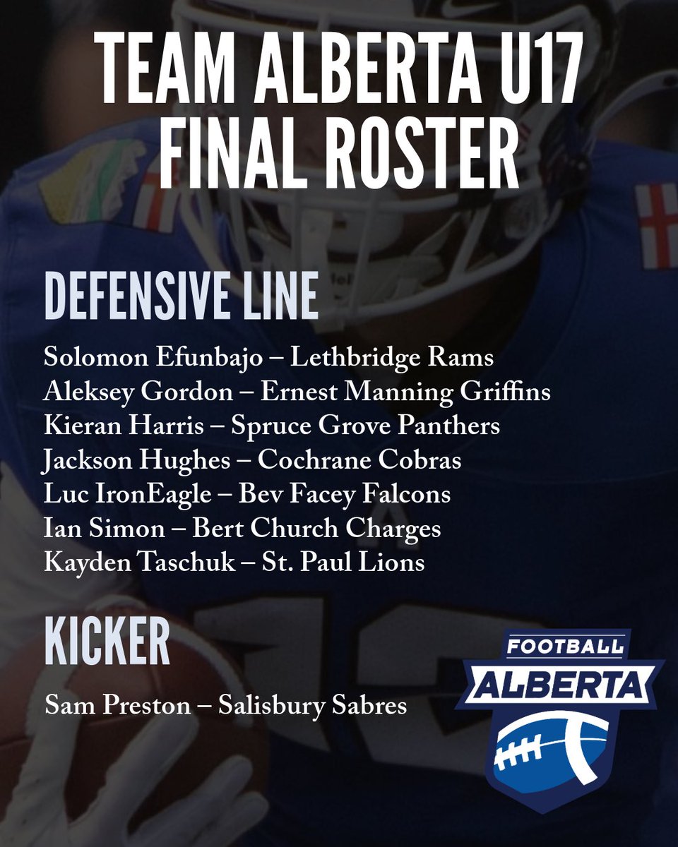 FootballAlberta's tweet photo. Congratulations to the defensive players selected to the final roster of Team Alberta U17. They will be taking part in the Western Challenge 2024 to be hosted in July.
🏈🏈
#football #footballalberta #teamalberta #U17 #westernchallenge https://t.co/Jn6xMBTN3N