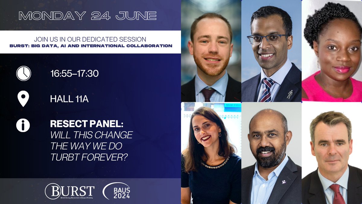 BURST Urology (@bursturology) on Twitter photo 📢 Join us for the #RESECT Panel Session!
🗓️ Mon 24 June
🕔 16:55 - 17:30
📍 Hall 11A
🤔 "Will this change the way we do #TURBT forever?"
🔊Speakers:
<a href="/NikitaB0709/">Nikita Bhatt</a>
<a href="/kmj_gallagher/">Kevin Gallagher</a>
🪑 Panel:
<a href="/veerukasi/">Veeru Kasi</a>
<a href="/ParamMariappan/">Prof Param Mariappan FRCS(Urol), PhD</a>
<a href="/ElsieMensah4/">ElsieMensah</a>
John Kelly
#BURSTatBAUS #Urology 📢 Join us for the #RESECT Panel Session!
🗓️ Mon 24 June
🕔 16:55 - 17:30
📍 Hall 11A
🤔 "Will this change the way we do #TURBT forever?"
🔊Speakers:
<a href="/NikitaB0709/">Nikita Bhatt</a>
<a href="/kmj_gallagher/">Kevin Gallagher</a>
🪑 Panel:
<a href="/veerukasi/">Veeru Kasi</a>
<a href="/ParamMariappan/">Prof Param Mariappan FRCS(Urol), PhD</a>
<a href="/ElsieMensah4/">ElsieMensah</a>
John Kelly
#BURSTatBAUS #Urology