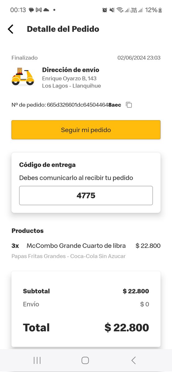 Acabo de comprar em <a href="/McDonalds_Cl/">McDonald's Chile</a>  en Puerto Montt, pedí tres Mac combo grande de cuarto de libra, con papas y bebidas. Al llegar el pedido solo llegaron 2 cuartos de libra 3 bebidas y dos papas, trato de comunicarme por que lo hice a través de,  la aplicación de macdona sin resp