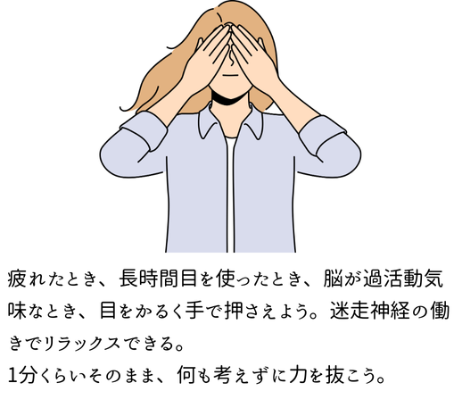 【目を軽く押さえてリラックス】
・長時間スマホやPCを見ていたとき
・疲れたとき
・考えごと、モヤモヤ、悩みで頭がパンパンのとき
こんなときは目を手で軽く押さえよう。

迷走神経の働きでリラックスできる。
1分ほど続けるだけで、頭がすっきりする。

※強く押さえすぎないように注意。