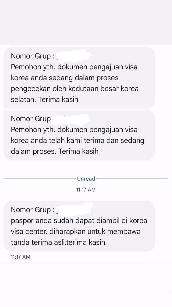 Masih  tentang visa korea 

Untk visa single proses kerja 10hr. status brubah hr ke 9. multiple visa 7 hari kerja, di hari ke 6. (status berubah  approved / ditolak) 

Saat status berubah, nunggu sms di hari ke 10/ 7 untk ambl paspor. Nextnya bs dipakai &amp; flight deh ke korea 🫶🏻
