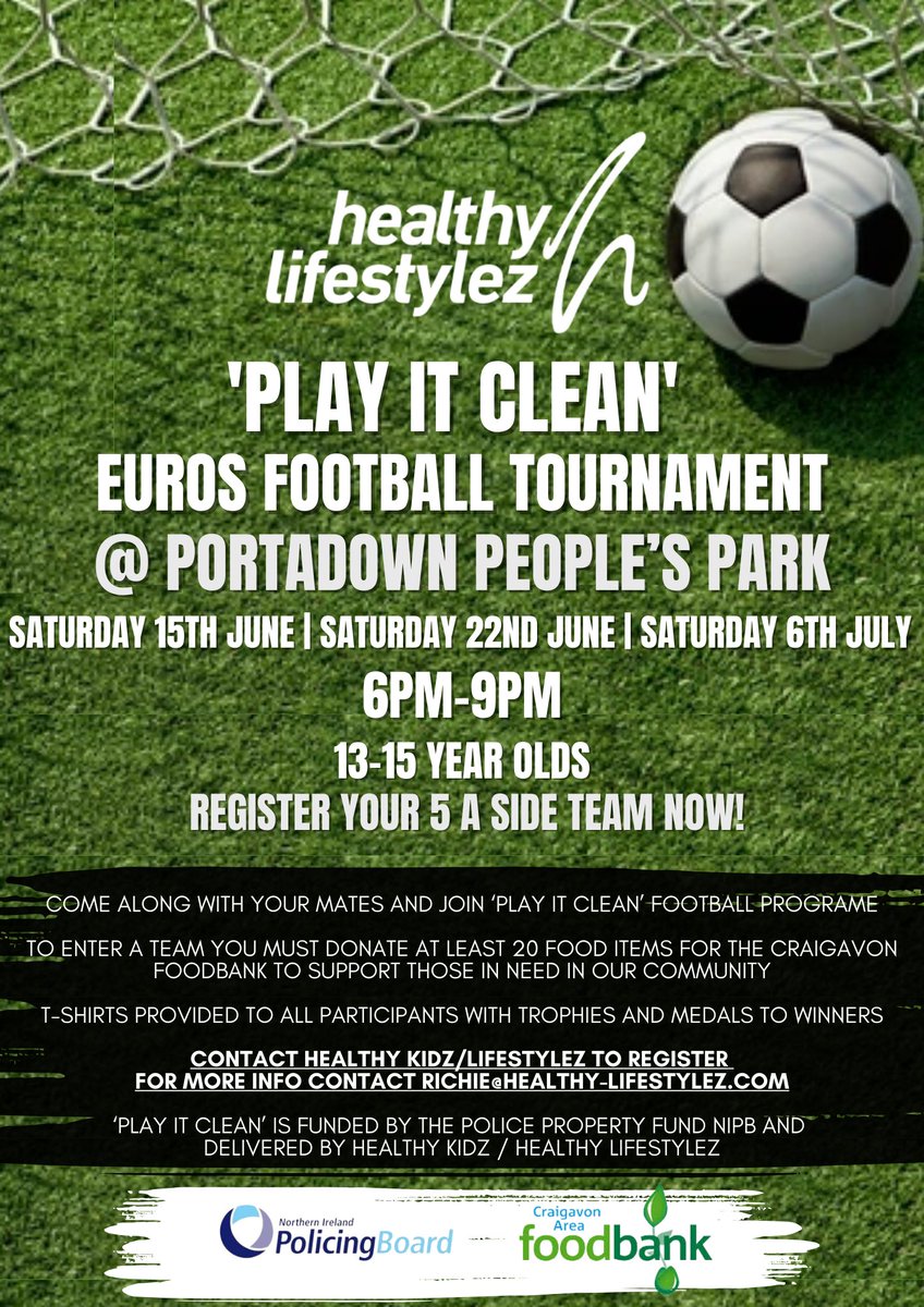 Healthy Kidz (@healthy_kidz1) on Twitter photo Looking forward to starting 'PLAY IT CLEAN' Euros football project thanks to the <a href="/NIPolicingBoard/">NI Policing Board</a> Property Fund. Fantastic buy in from youth clubs, schools and local PSNI officers. Limited places still available for the Tournament, supporting the local Foodbank and reducing ASB Looking forward to starting 'PLAY IT CLEAN' Euros football project thanks to the <a href="/NIPolicingBoard/">NI Policing Board</a> Property Fund. Fantastic buy in from youth clubs, schools and local PSNI officers. Limited places still available for the Tournament, supporting the local Foodbank and reducing ASB