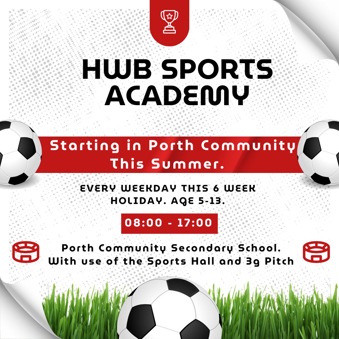 HwbSports's tweet photo. Welcome to Health &amp; Wellbeing Sports Academy, starting in the Community of Porth this summer. 

We will be welcoming children of all abilities between the ages of 5 - 13 to join us at Porth Community secondary school for an action packed summer of sport… https://t.co/AwRakEw3gM