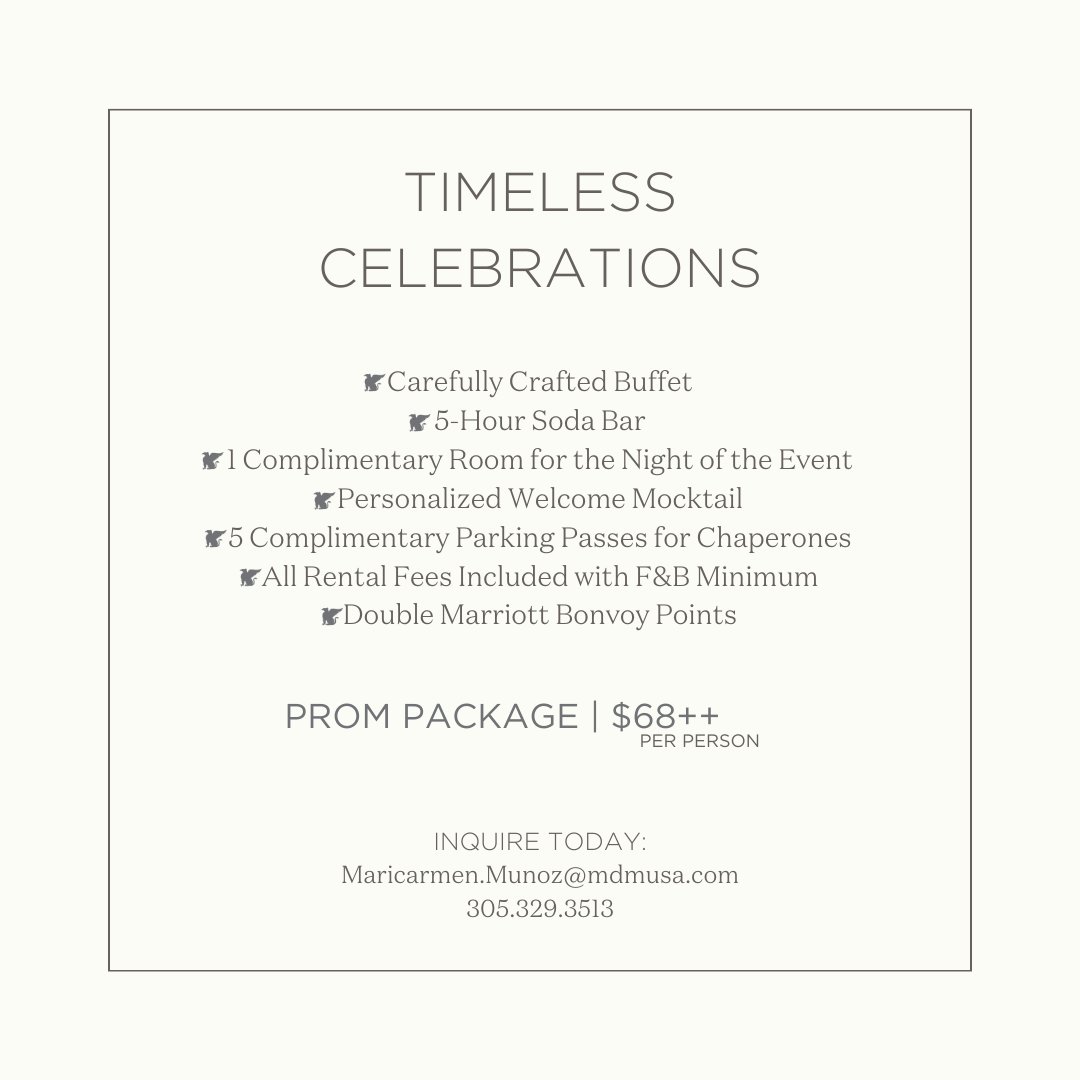 Make your prom night unforgettable at the JW Marriott Miami 🌟 
Ready to start planning? 
Email us at maricarmen.munoz@mdmusa.com