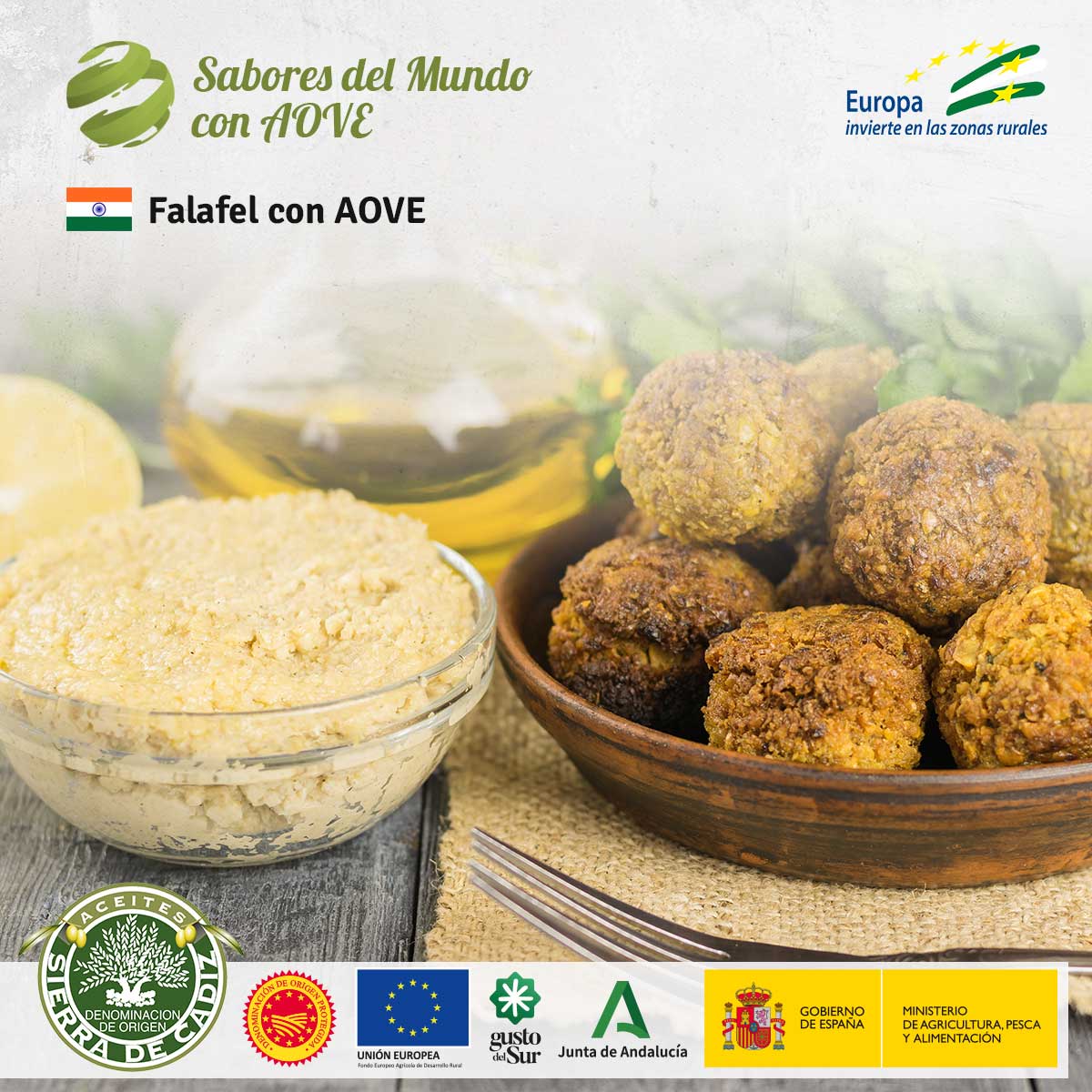 Falafel con AOVE 🇮🇳🥙  Dale un giro exótico a este clásico de la cocina india utilizando AOVE Sierra de Cádiz. Su riqueza y profundidad de sabor aportan una nueva dimensión a este plato vegetariano, realzando el sabor natural de las especias y legumbres.