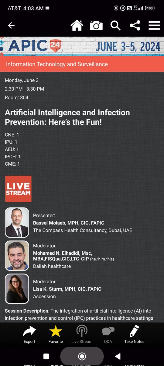 Join me Monday at 2.30pm CET for an interactive session (livestream) on artificial intelligence #AI tools integration into #infectionprevention practice at #APIC2024 in San Antonio, Texas.

<a href="/APIC/">APIC</a>
