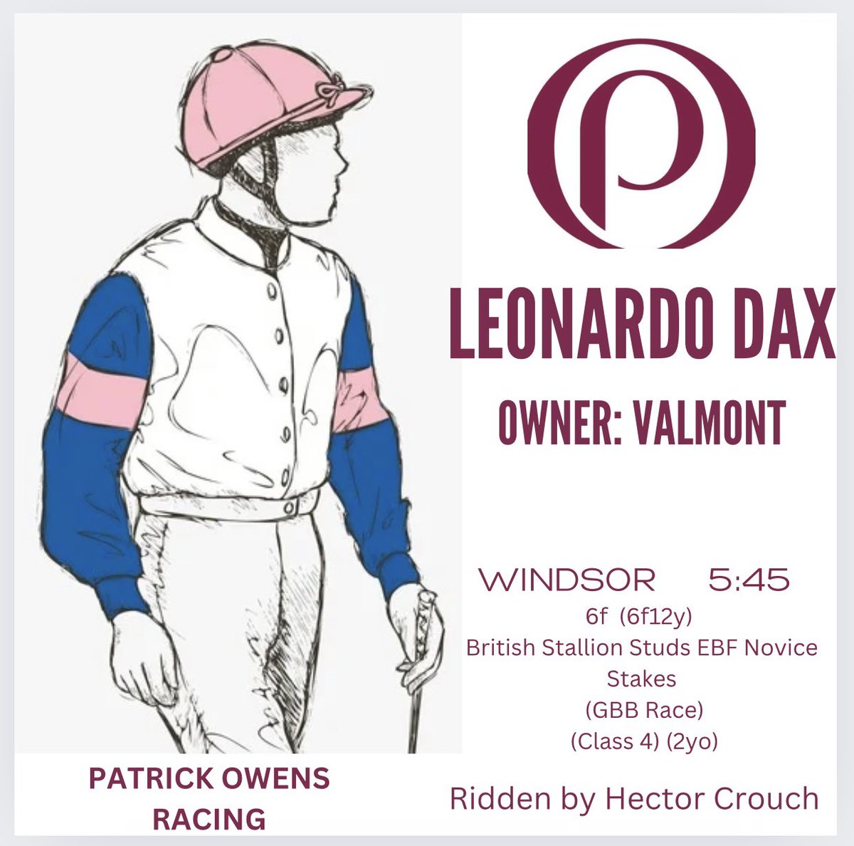 patowensracing's tweet photo. LEONARDO DAX 
debuts today @WindsorRaces 17:45 for his owners Valmont. 
Ridden by @HectorCrouch 
#PatrickOwensRacing #Newmarket #AuthorizedYard #finishfastfinishfirst https://t.co/g1d8p1u28U
