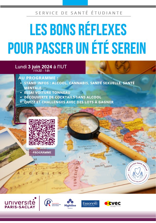 IUT Cachan (@iutcachan) on Twitter photo ⚠️ Aujourd’hui à l’IUT :
De nombreuses animations de préventions proposées par le SSE (Service de Santé Étudiante) de l’<a href="/UnivParisSaclay/">Université Paris-Saclay</a>.
Au programme : voiture tonneau, parcours de trottinettes électriques, cocktails sans alcool…
📍De 11h30 à 14h dans les jardins de l’IUT ⚠️ Aujourd’hui à l’IUT :
De nombreuses animations de préventions proposées par le SSE (Service de Santé Étudiante) de l’<a href="/UnivParisSaclay/">Université Paris-Saclay</a>.
Au programme : voiture tonneau, parcours de trottinettes électriques, cocktails sans alcool…
📍De 11h30 à 14h dans les jardins de l’IUT