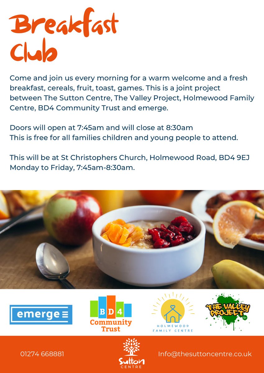 Today was the first Holmewood Breakfast club providing free nutritional start to the day, ran in partnership with valued partners within the area. Day one 12 children with families. <a href="/TheValleyProje1/">TheValleyProject</a> <a href="/emergeonlineUK/">Emerge Young People's Charity</a> <a href="/BD4Family/">BD4 Community Trust</a> <a href="/SouthArea/">Bradford South Area Co-ordinators Office</a> <a href="/ActAsOneBDC/">Bradford District Craven Health & Care Partnership</a>