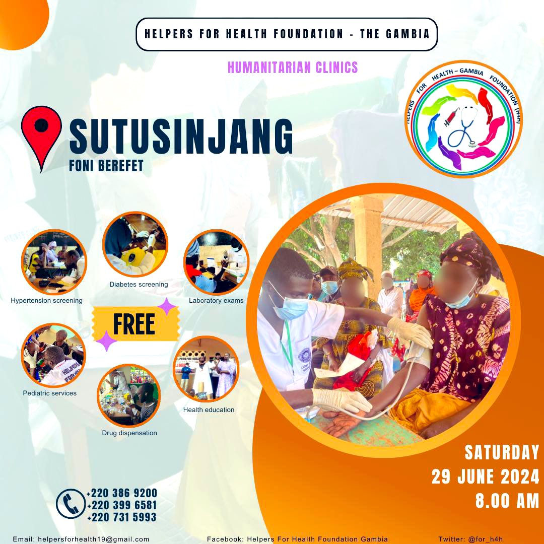 for_h4h's tweet photo. Good morning ☀️ 
We are pleased to announce our next humanitarian clinic 🏥 to be held in Foni Berefet, SUTUSINJANG on 06/29. 

Join us, Support us; Lets make it happen 💥💥💥‼️ https://t.co/pwizjI4B6I