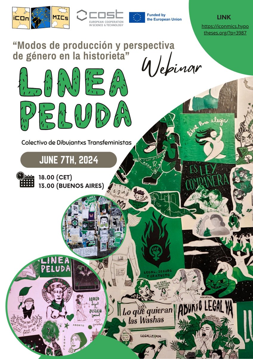 📢Webinar “Modos de producción y perspectiva de género en la historieta: Línea Peluda” Friday June 7th, 2024 at 18:00 PM (CET) / 13:00 (Buenos Aires)
Guests: Rocío Arozarena, Evi Zunz, Carla Leonardi y 
María Márquez.
More info: iconmics.hypotheses.org/3987
#iCOnMICS # CA19119
