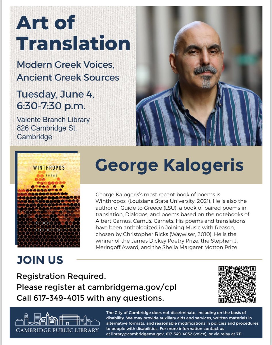 TheGreekInst's tweet photo. June 4th at 6:30PM at the Valente Branch of the Cambridge Public Library (826 Cambridge Street), George Kalogeris will be talking about his work as a poet and translator. https://t.co/8ubspMDy77