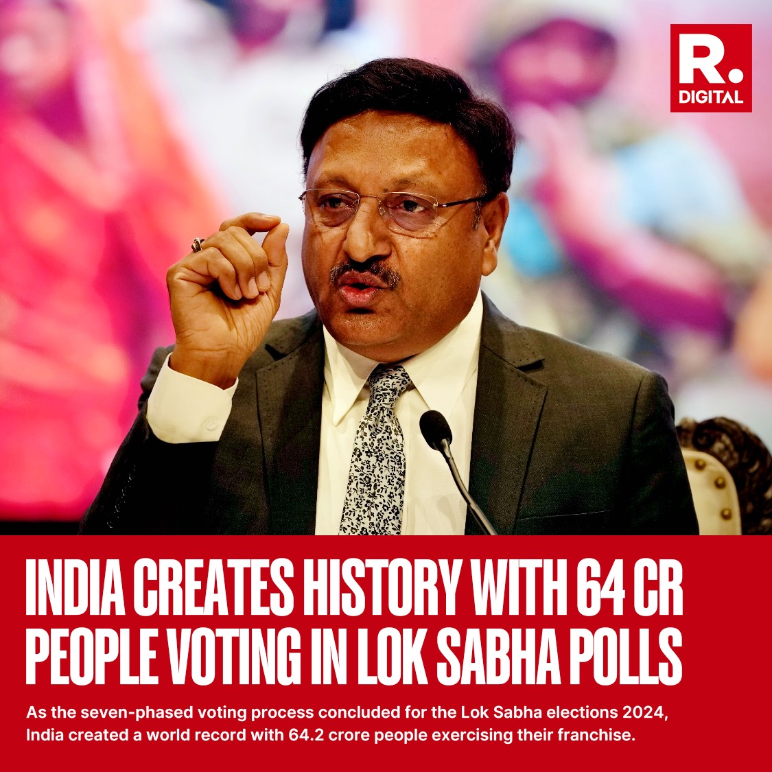 republic's tweet image. India shatters records in 2024 Lok Sabha elections! ⚡
As the seven-phased voting process concluded for the Lok Sabha elections of 2024, India set a world record with 64.2 crore people exercising their franchise, including 31.2 crore women, said Chief Election Commissioner Rajiv…