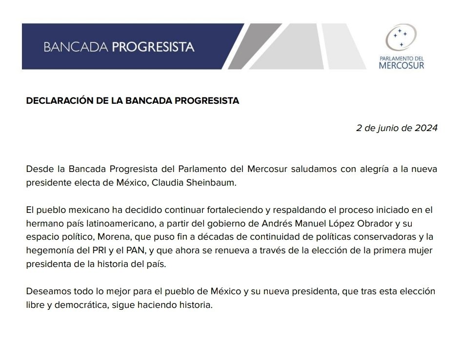 Bancada Progresista (@progresistas_ps) on Twitter photo ¡Felicitaciones a <a href="/Claudiashein/">Claudia Sheinbaum Pardo</a> y al pueblo de México en esta victoria! A continuar y profundizar los cambios iniciados por <a href="/lopezobrador_/">Andrés Manuel</a> y seguir haciendo historia.
¡Vivan los pueblos de América Latina! ¡Felicitaciones a <a href="/Claudiashein/">Claudia Sheinbaum Pardo</a> y al pueblo de México en esta victoria! A continuar y profundizar los cambios iniciados por <a href="/lopezobrador_/">Andrés Manuel</a> y seguir haciendo historia.
¡Vivan los pueblos de América Latina!