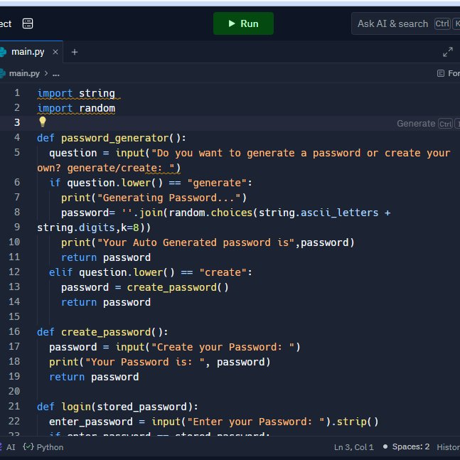 RohanDevZone's tweet image. Hello Everyone! This is my Python Project. It is a Password Generator/Creator Project. In this you can choose whether you wanna create a password or let the computer do it for you.Then you can login with that password it its wrong a &quot;Login Failed&quot; message will pop up.#Python