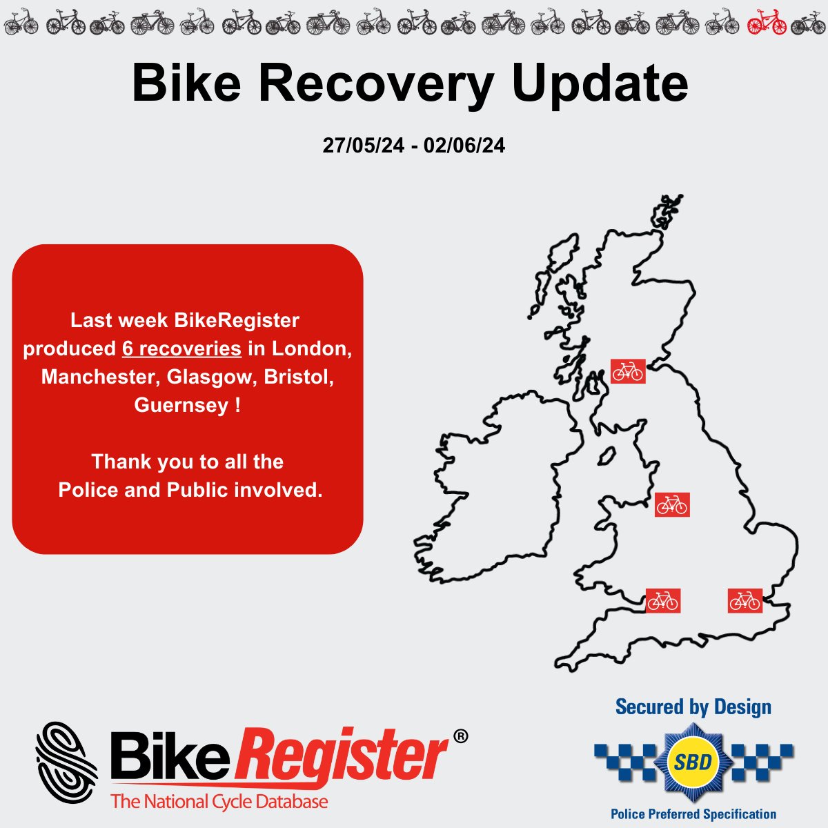 bikeregister's tweet image. Last week, there was 6 bike recoveries registered on bikeregister.com Thank you to all of the police and public involved in getting these bikes back to their rightful owners!

#BikeRegister #BikeMarking #ForensicMarking #AssetMarking #BikeTheft #CycleCrime #TheivesBeware
