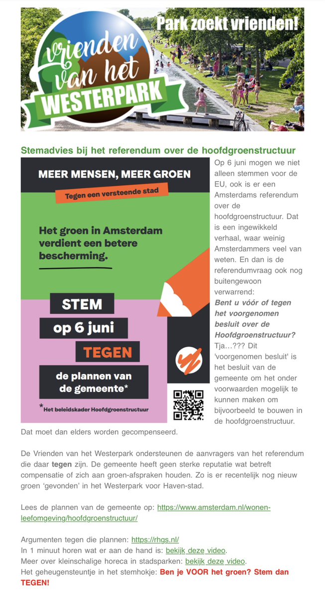 De Vrienden van het Westerpark adviseren om donderdag TEGEN te stemmen bij het referendum over de Hoofdgroenstructuur.