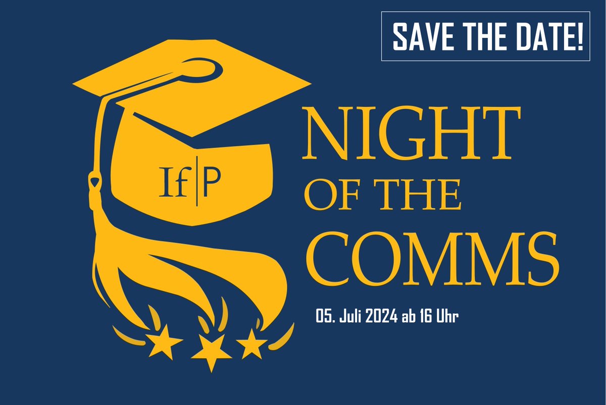 In diesem Jahr einen Abschluss am IfP gemacht? Dann melde dich jetzt zur Night of the Comm[unicator]s 2024 👨‍🎓👩‍🎓 am 05.07.2024 ab 16 Uhr an 
👉🏼 studium.ifp.uni-mainz.de/anmeldung-zu...  

Rückfragen:👉🏼 📧 ifp-comnight@uni-mainz.de