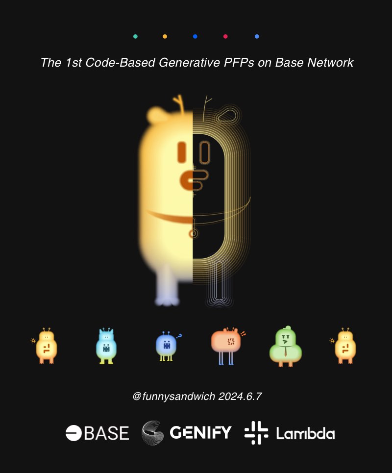 GenifyHQ's tweet photo. Genify Multichain Curated Project on Base @base 

Lame Dada by @funnysandwich1 

1️⃣The 1st fully on-chain code-generated PFP collection on the BASE network
2️⃣Lambda brand collab.

 🛜 Network: BASE
💲Mint Price: Free Mint
🔗Mintlink: https://t.co/jDil2F5XiM
📄Whitelist#: 200