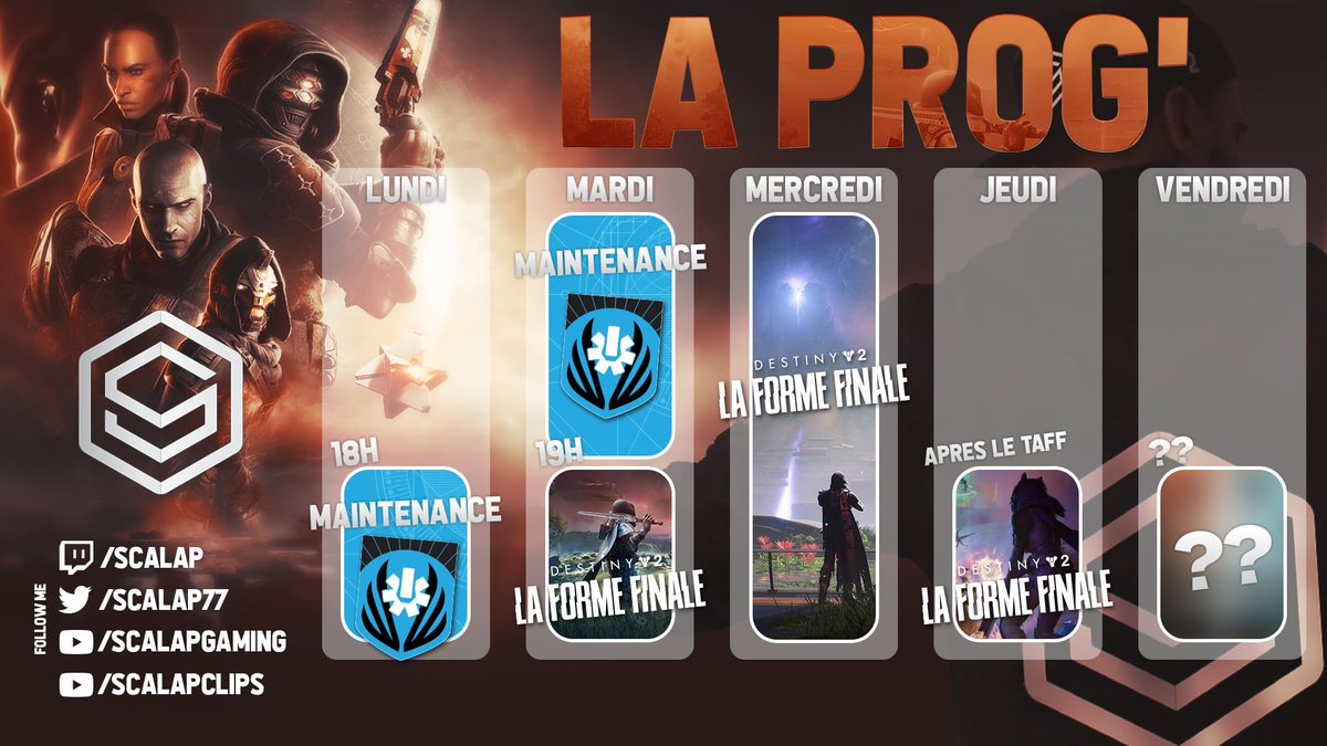 Scalap77's tweet image. Cette année, pas de Stream rush noLife de 70H/semaine ou de prépa à la BO6, mais il y aura au moins ça 👇

On se retrouvera le jour J à l'heure H pour le release de #Destiny2 #LaFormeFinale puis chaque soir/jour jusqu'à la sortie du Raid (??)
[savachier]