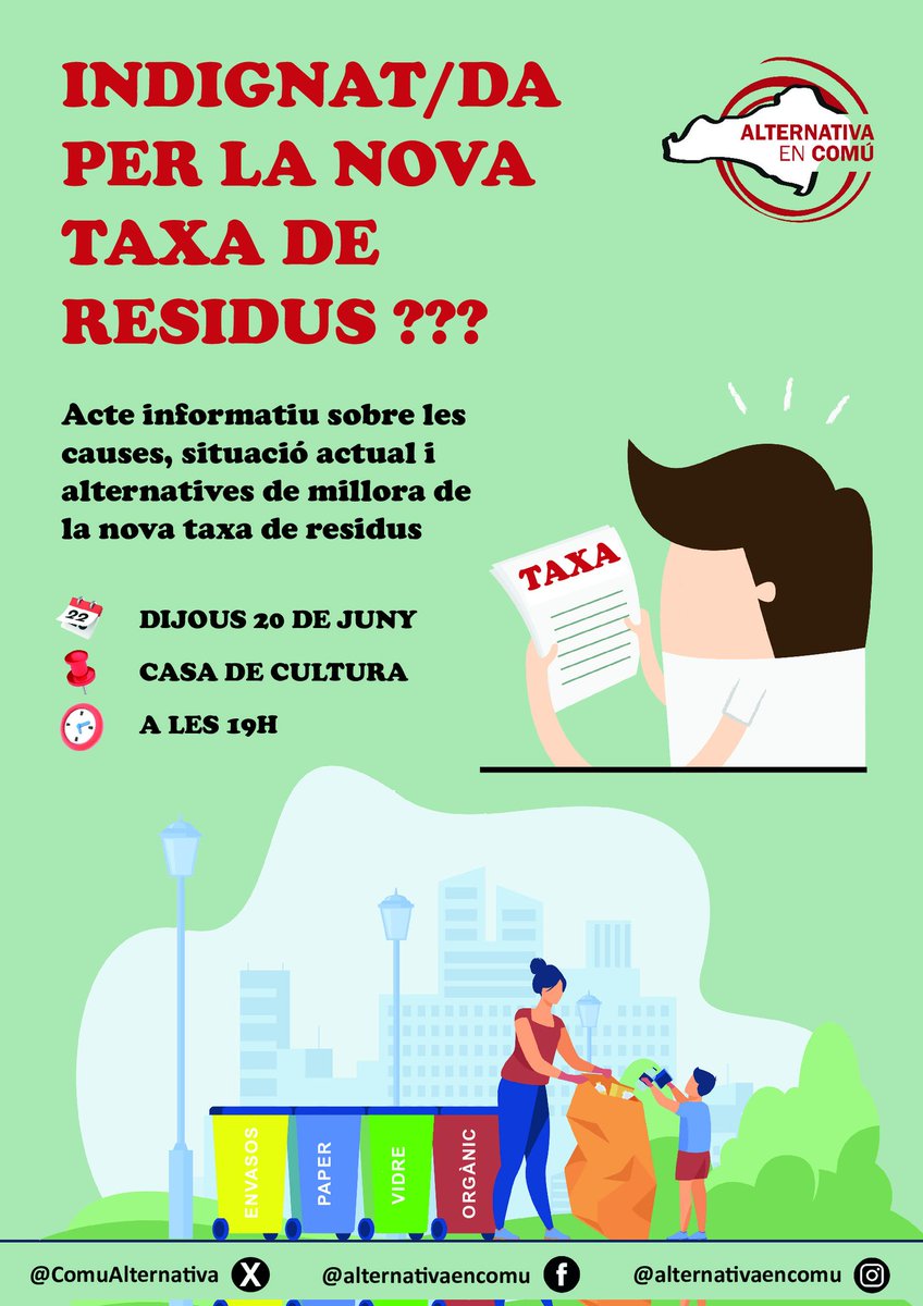 És un tema complex i que no admet posicions populistes i poc fonamentades, per això convocarem un acte pel dia 20 de juny a la Casa de Cultura per tractar d'explicar les causes, la situació actual i les alternatives de millora de la taxa.

Us avancem el cartell de l'acte.