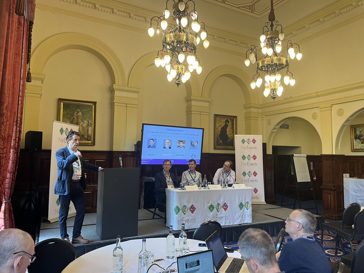 Fantastic panel lead by Rik Turner <a href="/OmdiaHQ/">Omdia</a> “Are you #Cybersecure? #AI, #Cloud and the new threat landscape” with Julian Brownlow Davies <a href="/Bugcrowd/">bugcrowd</a>, Tom Beese <a href="/TitaniaLtd/">Titania</a>, <a href="/JanGuldentops/">Jan Guldentops</a> <a href="/batweets/">BA N.V.</a>.