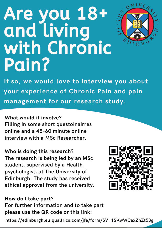 Are you 18+ and living with chronic pain? My MSc student would love to speak to you about your experiences.