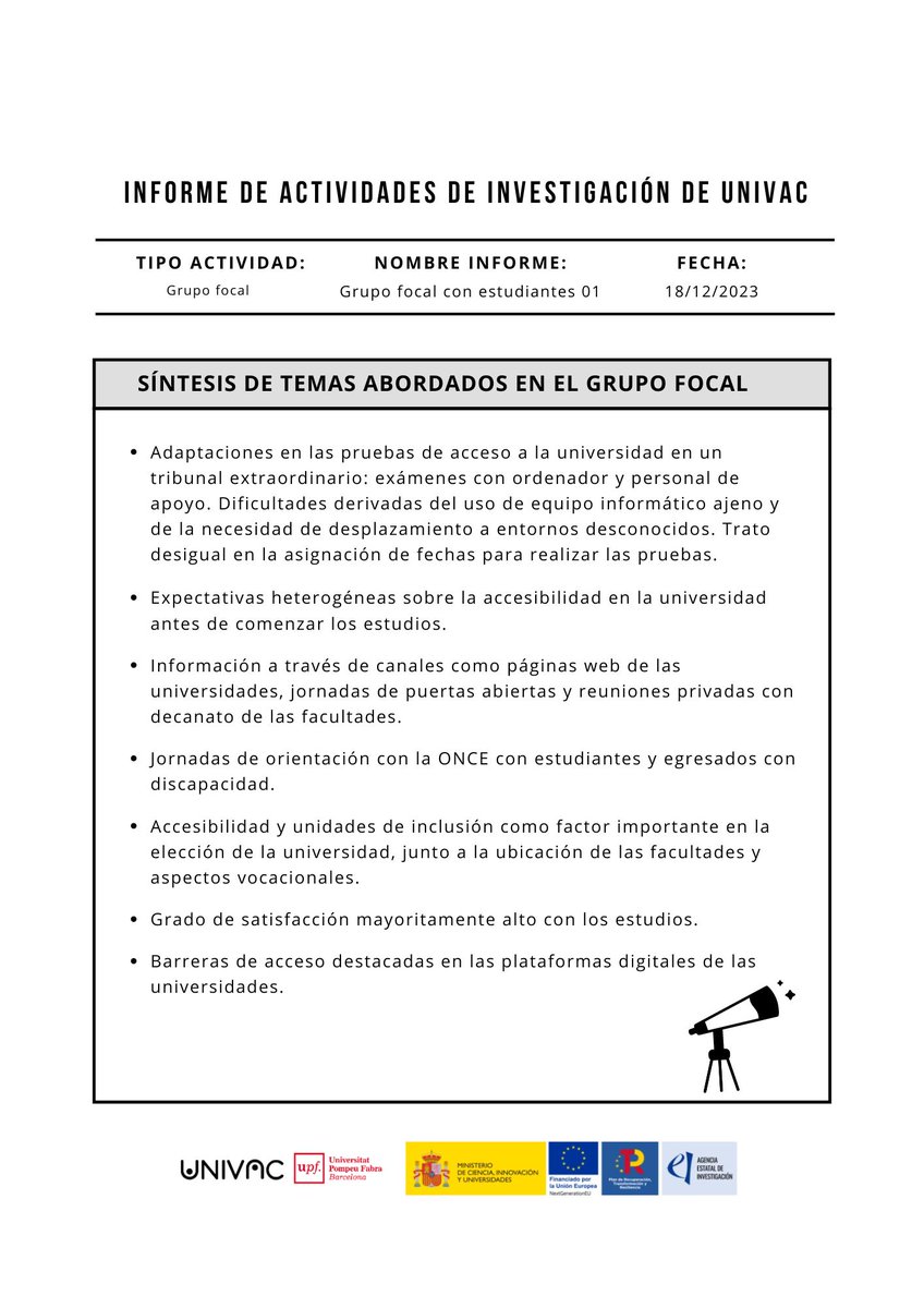 UNIVACproject's tweet photo. 📌Síntesis de temas abordados en el grupo focal con estudiantes universitarios con discapacidad visual o auditiva.
Nuevo informe publicado en la web: https://t.co/acvwfGaIyI
#univac #discapacidadvisual #accesibilidad #universidad #inlusion https://t.co/7IJpBUHAd9