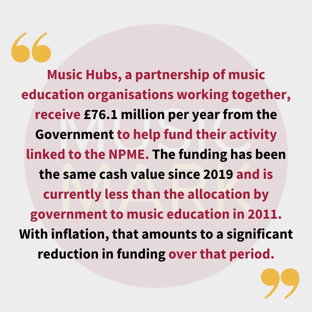 Music Mark have commissioned an independent think tank, Demos, to cost the English National Plan for Music Education (NPME). We believe that the funding given isn’t sufficient to deliver the ambitions of the NPME - findings are due in September See more: musicmark.org.uk/news/the-engli…