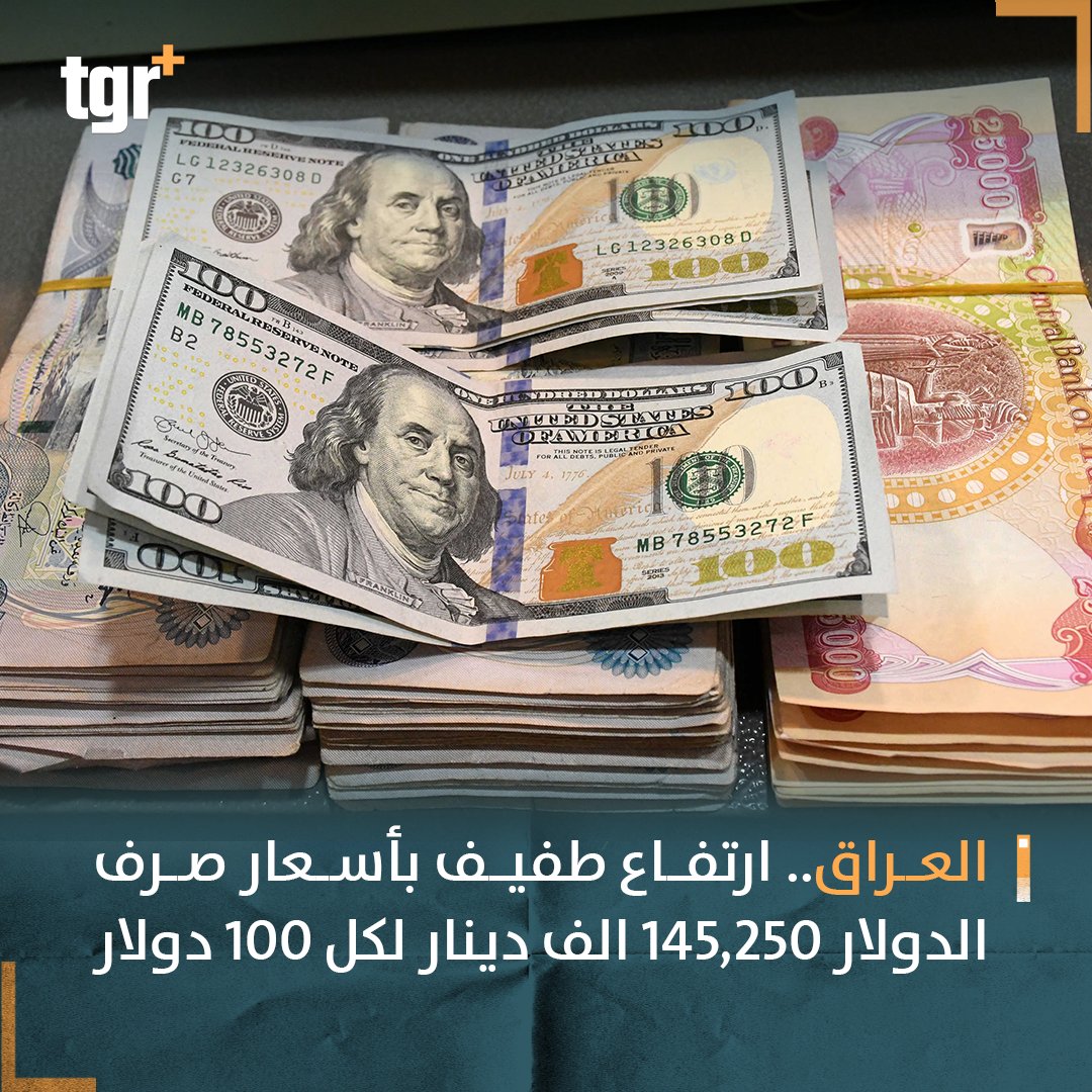 tgrplus's tweet photo. الدولار اليوم .. ارتفاع طفيف بأسعار صرف الدولار 145,250 الف دينار عراقي لكل 100 دولار امريكي
#العراق
#التغيير_بلس #tgr_plus #tgrplus https://t.co/wnLFuL63aw