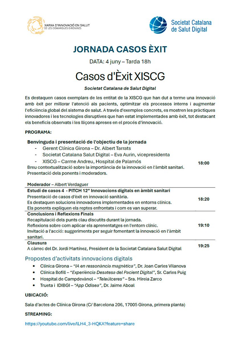 ClinicaGirona's tweet photo. Demà, 4 de juny, Clínica Girona acull la jornada: “Casos d’èxit de la Xarxa d’Innovació en Salut de les Comarques Gironines”, de la #XISCG i la @SCSalutDigital. El Dr. @KaiVilanova, de @ClinicaGirona presentarà: "La IA en Ressonància magnètica"
Programa: https://t.co/g2AC1LWevm https://t.co/oStj8BIwjw