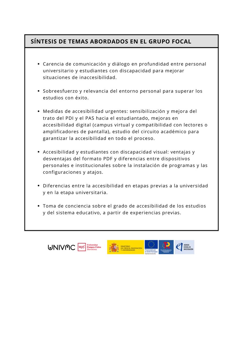 UNIVACproject's tweet photo. 📌Síntesis de temas abordados en el grupo focal con estudiantes universitarios con discapacidad visual o auditiva.
Nuevo informe publicado en la web: https://t.co/acvwfGaIyI
#univac #discapacidadvisual #accesibilidad #universidad #inlusion https://t.co/7IJpBUHAd9