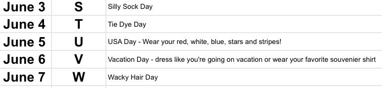 Our last full week together is sure to be a fun one! Check out our spirit days and join in on the fun!