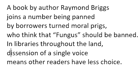 AnnaQuarendon's tweet photo. #Quangleverse #verse #poetry #rhyming #writing #septet #librarybooks #libraries #censorshop #RaymondBriggs #ReadingSpaces #reading https://t.co/y0RmKUqjBC
