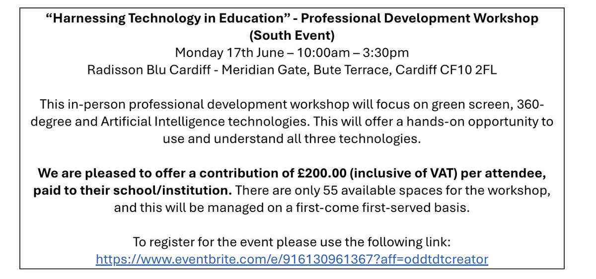 @MrYTeacherGuy (@mryteacherguy) on Twitter photo Free CPD for educators, contribution for supply cover of £200!
Join us for our latest <a href="/WCLDProject/">Wales Collaborative for Learning Design (WCLD)</a> 'Learning Lab' exploring AI, Immersive technology & green screens in the classroom.
There are only 55 spaced available which will be managed on a first-come first-served basis Free CPD for educators, contribution for supply cover of £200!
Join us for our latest <a href="/WCLDProject/">Wales Collaborative for Learning Design (WCLD)</a> 'Learning Lab' exploring AI, Immersive technology & green screens in the classroom.
There are only 55 spaced available which will be managed on a first-come first-served basis