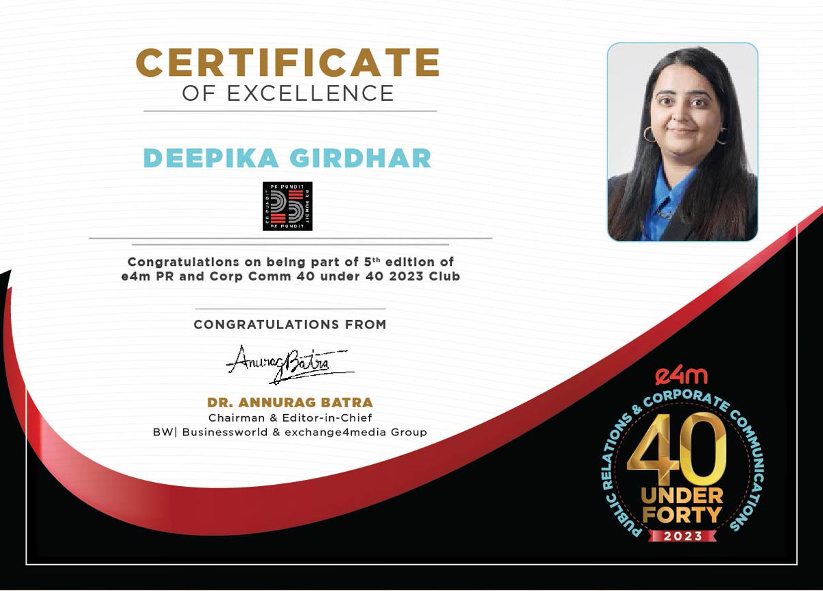 Our heartiest congratulations to #DeepikaGirdhar from @PRPundit_India for winning the e4m PR and Corp Comm 40 Under 40 Awards 2023. @anuragbatrayo | @nawalahuja | @karanbhatias #e4mpr40under40 #e4mevents #PRandCorpComm #e4mprawards