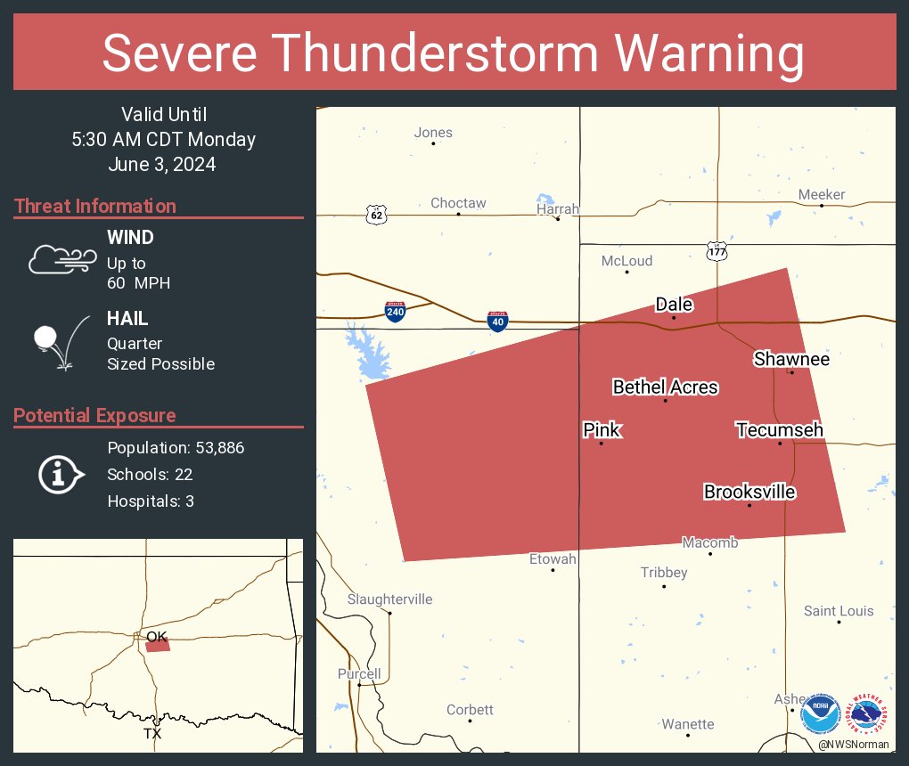 Severe Thunderstorm Warning including Shawnee OK, Tecumseh OK and Bethel Acres OK until 5:30 AM CDT