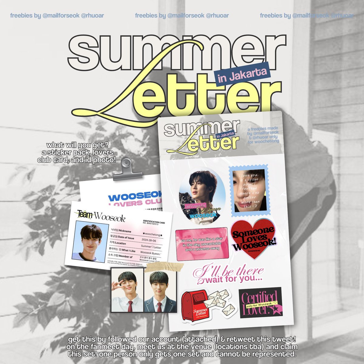 rhuoar's tweet photo. ☆ﾟfreebies byeon wooseok 1st fanmeeting
summer letter in jakarta — by @mailforseok @rhuoar 

🧺 special set (attached) for limited quantity
how to claim — follow &amp; retweet this tweet!

📮 fm venue, jun 28 (⏱︎ tba)

until then, tongtongie! ౨ৎ
#byeonwooseok #summerletterinjkt https://t.co/GMvT6WO4fG