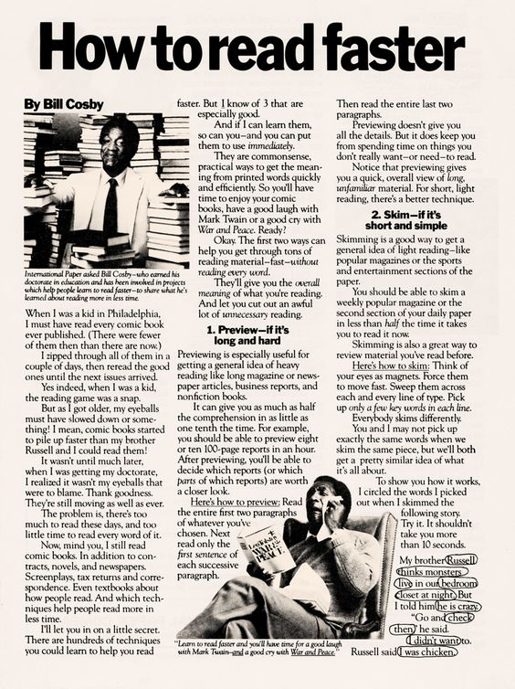 ScholarshipfPhd's tweet photo. How to Read Faster by Bill Cosby (1/2) https://t.co/5zJYr8ym8x