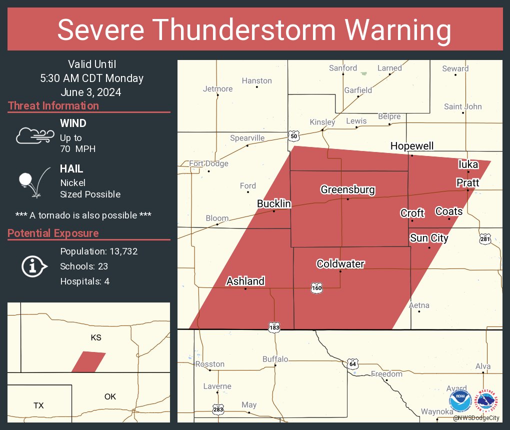 Severe Thunderstorm Warning including Pratt KS, Ashland KS and Coldwater KS until 5:30 AM CDT. This storm will contain wind gusts to 70 MPH!